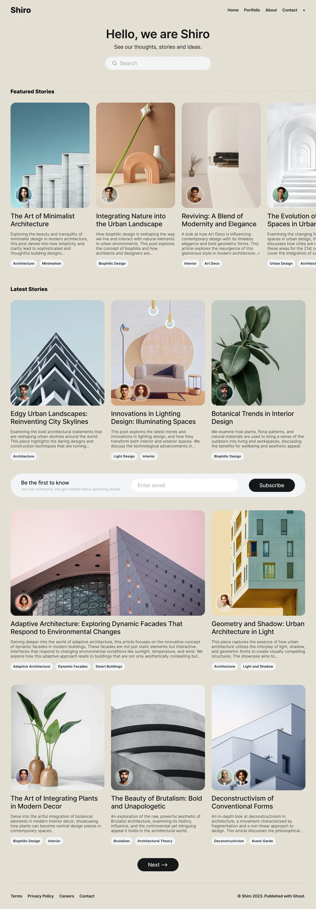Shiro Ghost theme Zensen color scheme showing warm earth-toned homepage layout